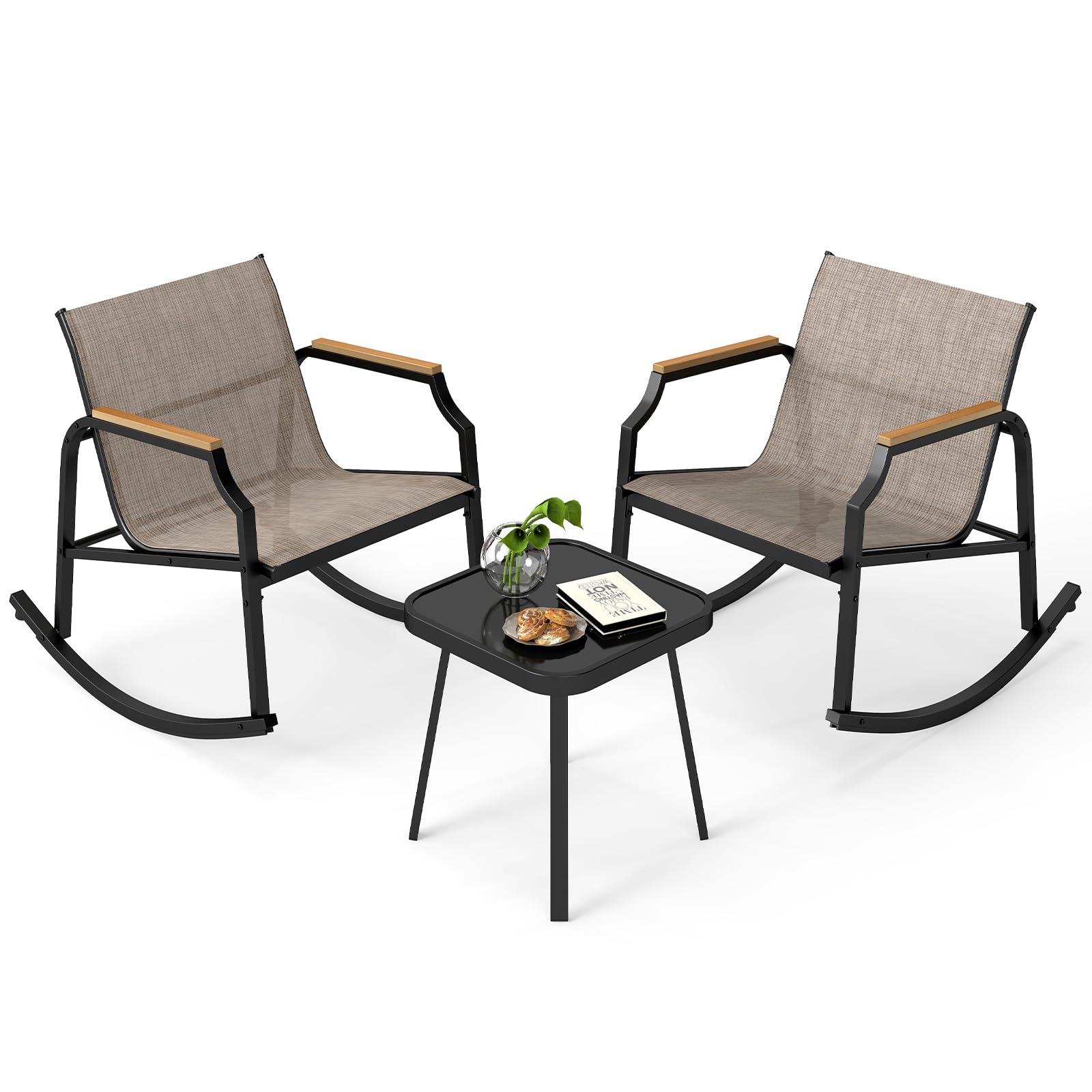 Tangkula 3 Piece Patio Rocking Bistro Set with Tempered Glass Coffee Table